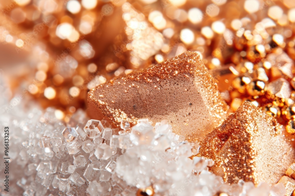 Sparkling gold glitter texture surrounded by white sugar crystals Sparkling gold glitter texture surrounded by white sugar crystals