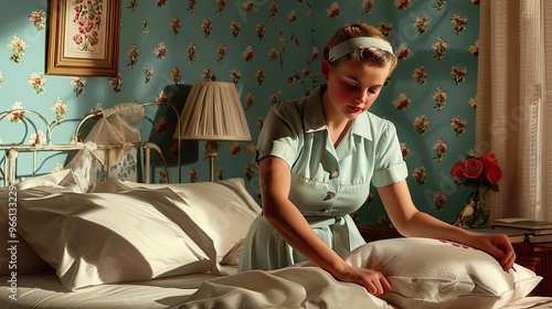 A vintageinspired illustration of a 1950s housekeeper in a classic uniform, skillfully making a bed in a retrostyle bedroom with floral wallpaper and nostalgic decor photo