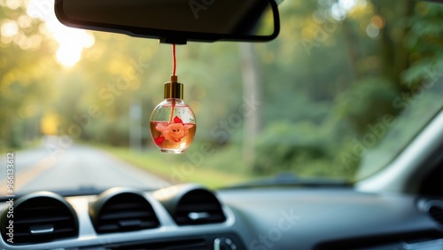 Scented air freshener hanging from a rearview mirror, designed to enhance the fragrance inside the car