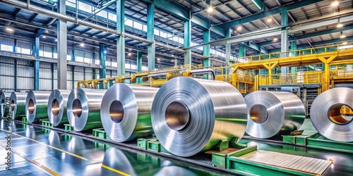 Manufacturing process of galvanized steel in an industrial workshop with coils roll on a rolling mill machine