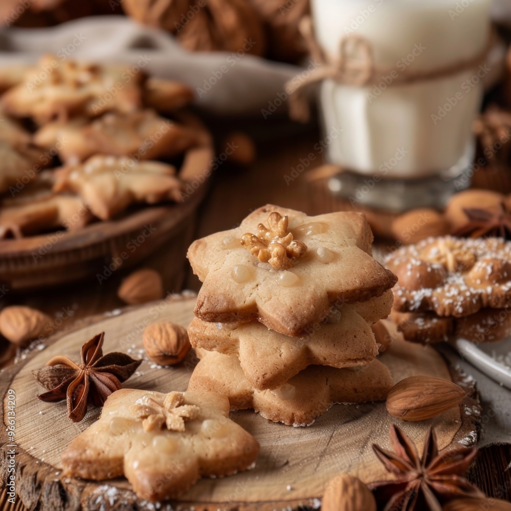 Fototapeta premium Nut cookies, walnut biscuits, butter cookies, crackers pile in shape of flowers, snowflakes, stars, round shortbread