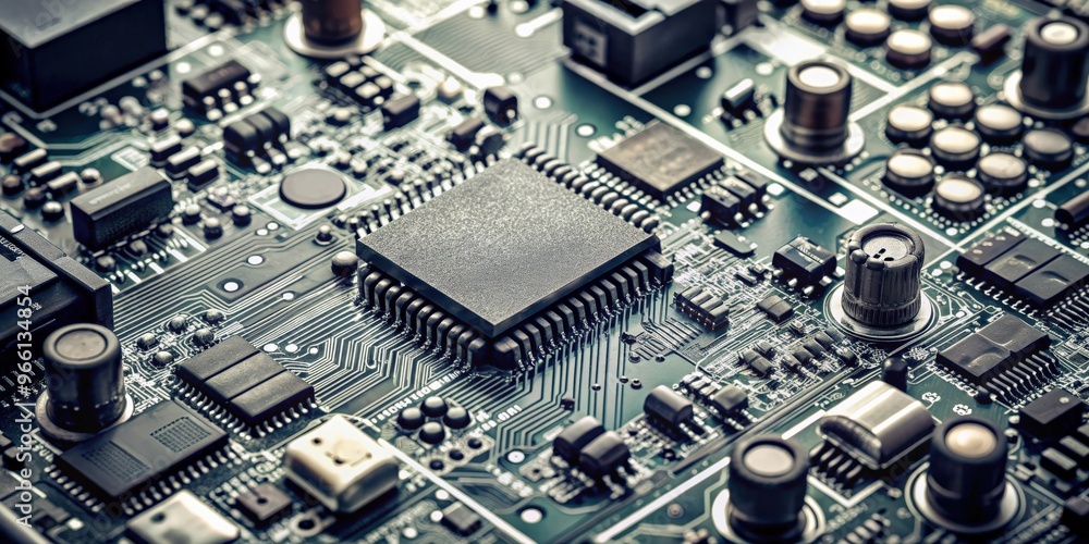 Closeup of monochrome circuit board with resistors, condensers, microchips and electronic components Closeup of monochrome circuit board with resistors, condensers, microchips and electronic components