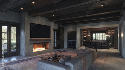 Wallpaper Mural A large, open room with a fireplace and a TV. The walls are made to look like rough concrete. Torontodigital.ca