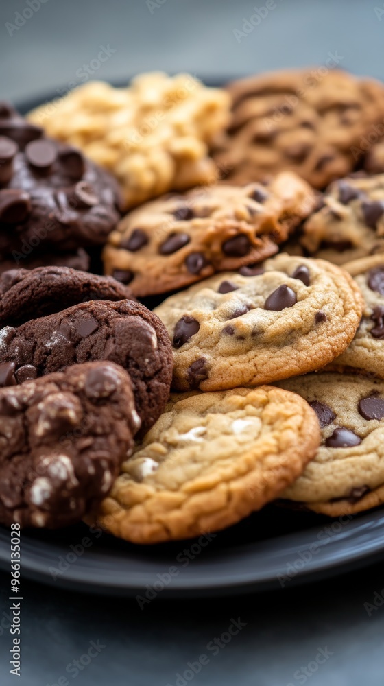 Assorted chocolate chip cookies on a black plate Assorted chocolate chip cookies on a black plate