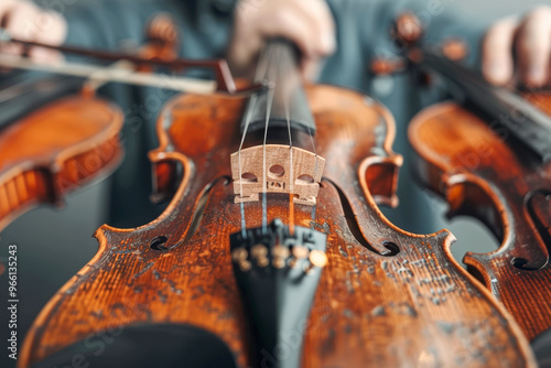 Crafting a violin by hand in a workshop photo