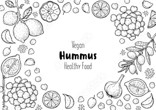 Hummus packaging design template. Cooking and ingredients for hummus. Sketch illustration. Middle eastern cuisine frame. Healthy food recipe, design elements. Hand drawn, package design.