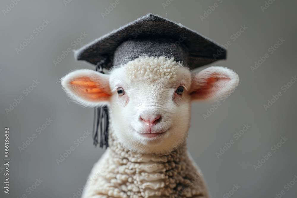 White lamb wearing a graduation cap with tassel on a grey background, symbolizing graduation or completion of studies, soft lighting, close-up, cute and funny animal, education and academic theme White lamb wearing a graduation cap with tassel on a grey background, symbolizing graduation or completion of studies, soft lighting, close-up, cute and funny animal, education and academic theme