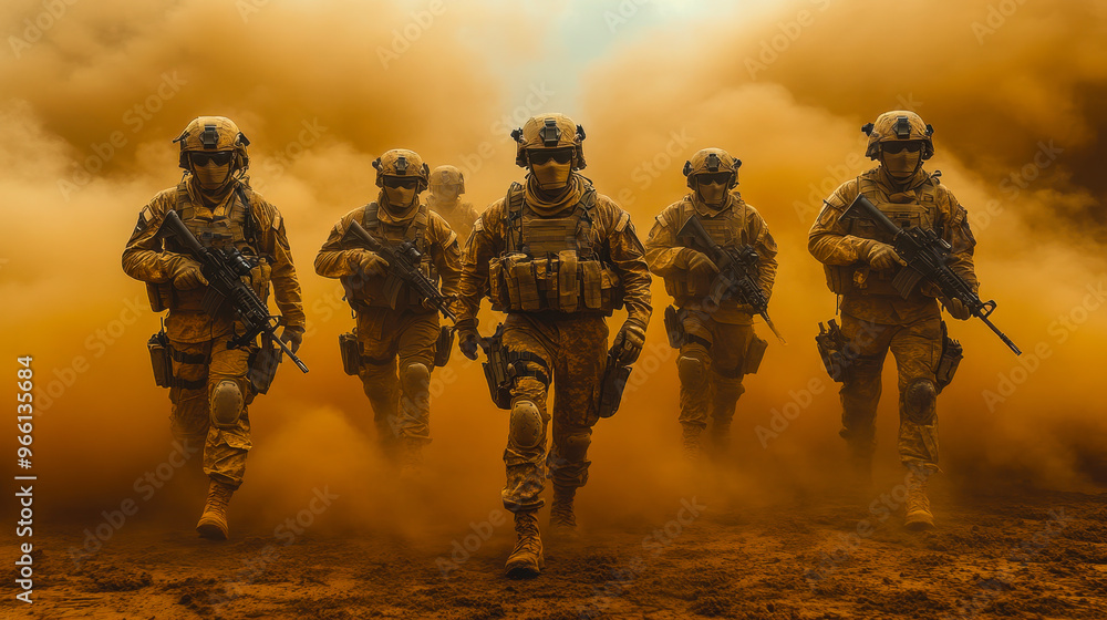 Intense Modern Soldiers Advancing Through Dusty Battlefield with Full Gear and Weaponry Ready for Combat Intense Modern Soldiers Advancing Through Dusty Battlefield with Full Gear and Weaponry Ready for Combat