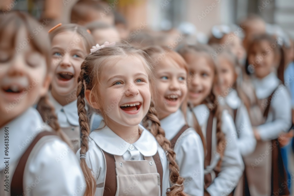 Obraz premium Happy schoolchildren in school uniforms against the background of school