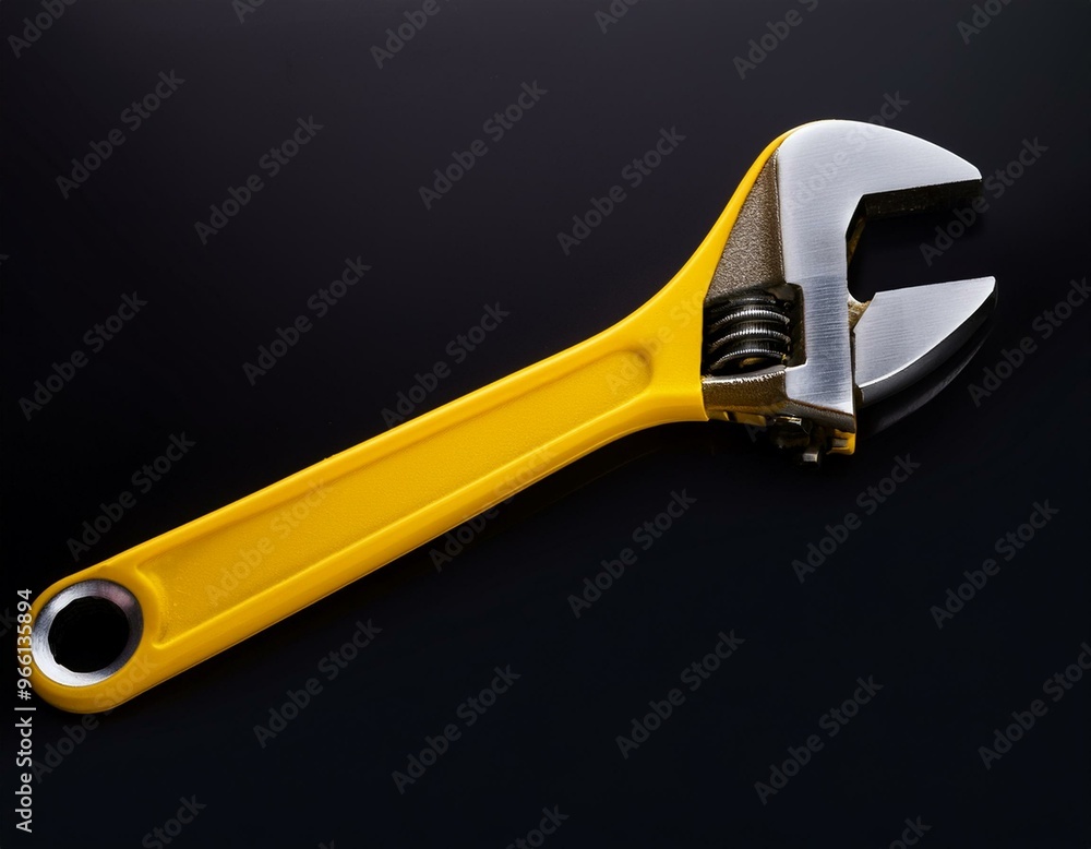 Obraz premium Yellow wrench isolated on black background. Industrial tool for tightening and loosening nuts and bolts.