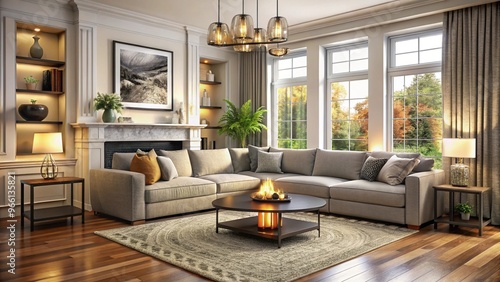 Detailed Drawing of a Cozy Living Room with a Sectional Sofa Ideal for Interior Design Projects and Home Decor Inspiration