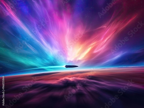 Fototapeta Naklejka Na Ścianę i Meble -  A spaceship arriving on a distant planet, greeted by alien landscapes, while another ship departs, leaving trails of cosmic dust