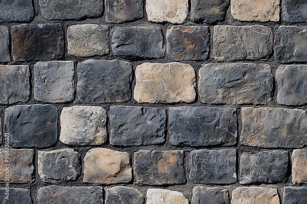 Textured stone wall made of various sized dark and light stones arranged in a regular pattern. Textured stone wall made of various sized dark and light stones arranged in a regular pattern.