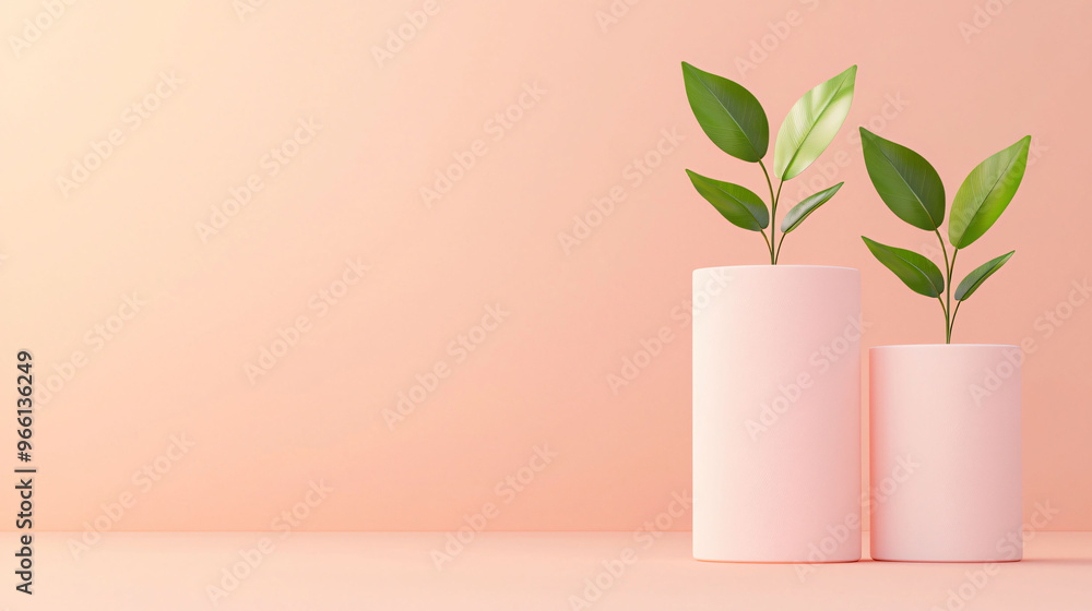 Fresh green plants in modern pink vases symbolize growth and vitality, creating serene and stylish atmosphere. Perfect for home decor or business concepts Fresh green plants in modern pink vases symbolize growth and vitality, creating serene and stylish atmosphere. Perfect for home decor or business concepts