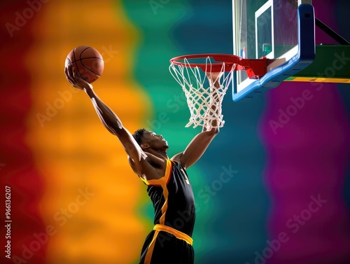 A silhouette of a basketball player performing a slam dunk against a colorful abstract background