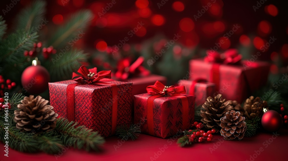 Festive holiday decorations with red gifts and pine cones on a crimson background, perfect for Christmas Festive holiday decorations with red gifts and pine cones on a crimson background, perfect for Christmas