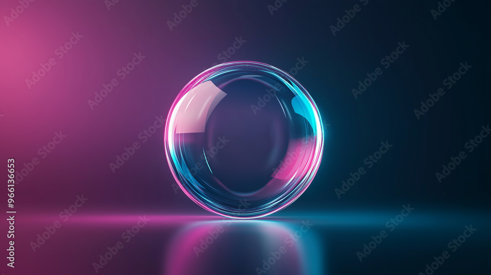 Reflective glass sphere, dark neon background, bright reflections, clean space for text around the sphere Reflective glass sphere, dark neon background, bright reflections, clean space for text around the sphere