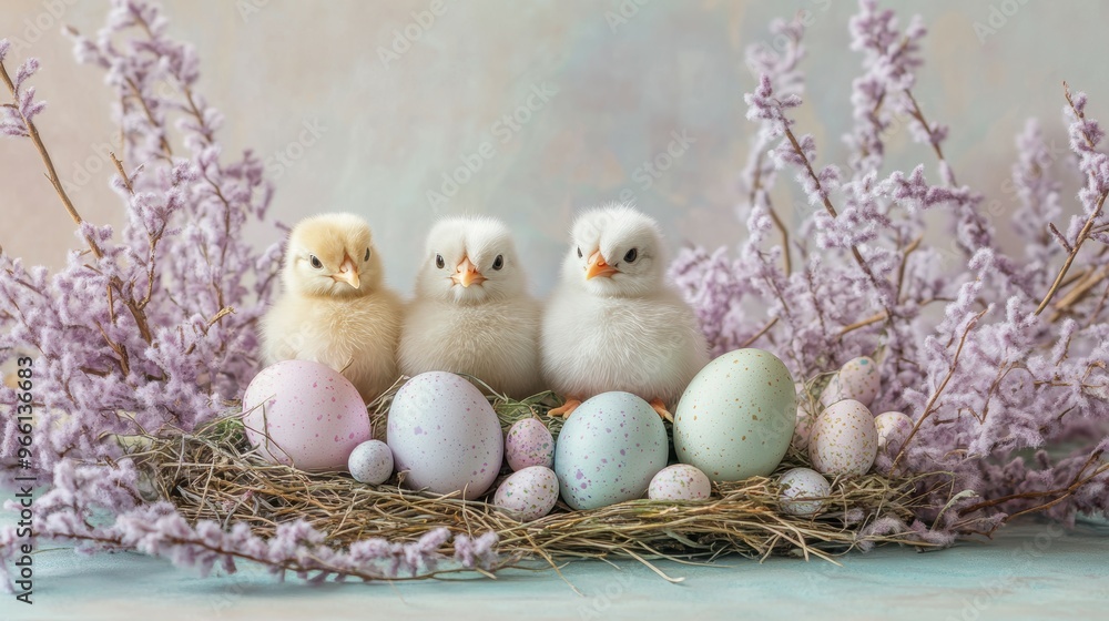 Whimsical Easter arrangements with pastel eggs and fluffy chicks on a soft, lilac-tinted background Whimsical Easter arrangements with pastel eggs and fluffy chicks on a soft, lilac-tinted background