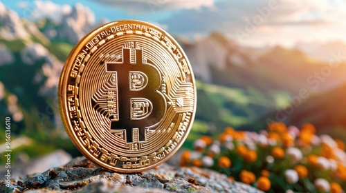 A serene landscape with a giant Bitcoin symbol carved into a mountain, blending nature with digital currency, symbolizing the impact of technology on the world photo