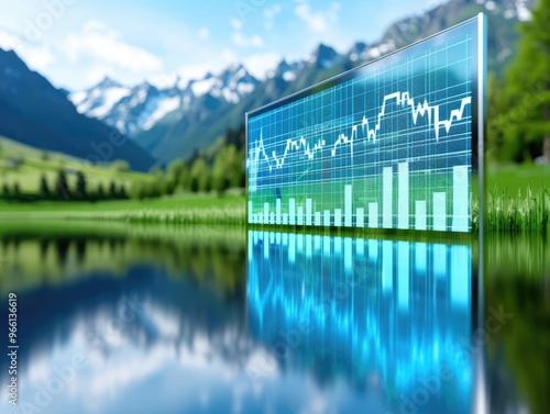 A serene landscape where a giant digital stock chart emerges from a calm lake, symbolizing the hidden depths and potential of market fluctuations