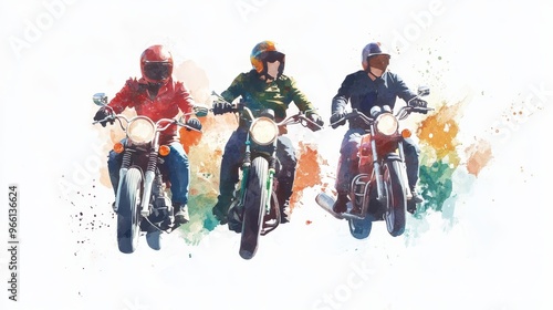 Watercolor Illustration of Three Motorcyclists Riding in a Row photo