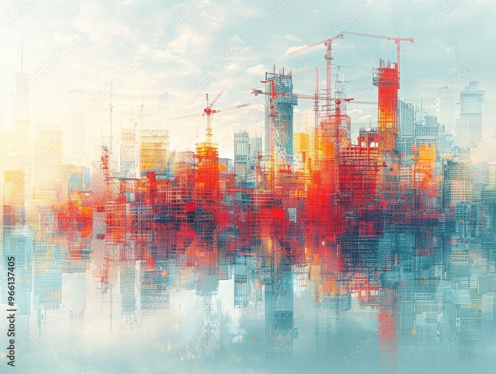 Abstract blueprint construction site with numerous cranes, buildings, and people working on it. Blue background. High-resolution photography, professional color grading, soft shadows, low contrast, an Abstract blueprint construction site with numerous cranes, buildings, and people working on it. Blue background. High-resolution photography, professional color grading, soft shadows, low contrast, an