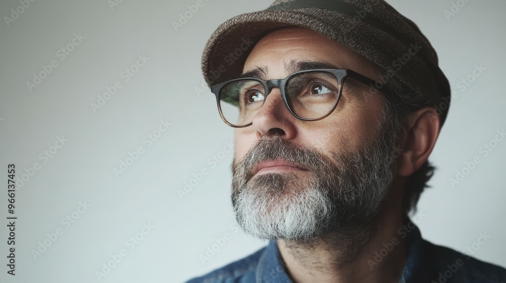 Medium shot of a creative director, their head tilted to the side as they envision their next project, against a crisp, white backdrop Medium shot of a creative director, their head tilted to the side as they envision their next project, against a crisp, white backdrop