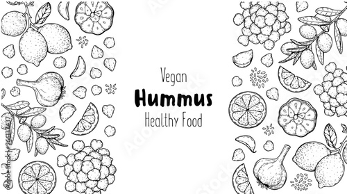 Hummus packaging design template. Cooking and ingredients for hummus. Sketch illustration. Middle eastern cuisine frame. Healthy food recipe, design elements. Hand drawn, package design.