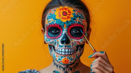 Creative young artist painting a vibrant DÃ­a de los Muertos sugar skull, isolated on a vibrant, ochre background photo