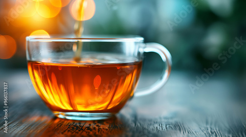 Pouring black tea into a glass cup is a healthy warming choice. photo