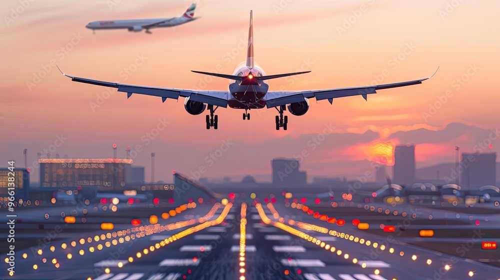 A plane arriving at an international airport, bustling with activity, while another plane departs, soaring into the sky A plane arriving at an international airport, bustling with activity, while another plane departs, soaring into the sky