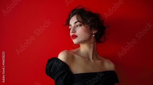 Wallpaper Mural beautiful sexy woman in black dress on red background Torontodigital.ca