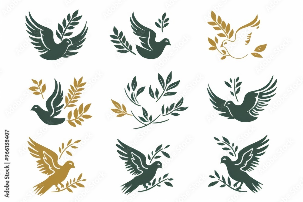 Fototapeta premium Peace dove graffiti, pigeons, twigs ink illustration. Flying birds silhouettes monochrome flat icons