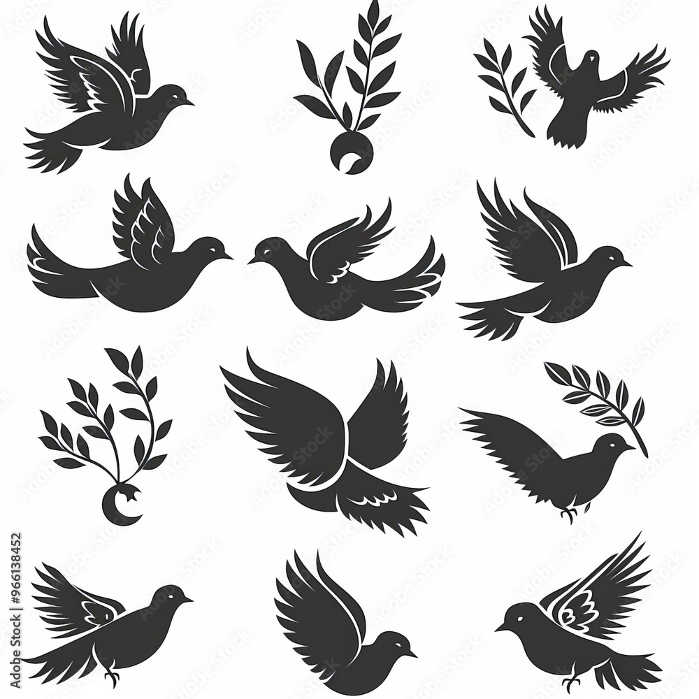 Peace dove graffiti, pigeons, twigs ink illustration. Flying birds silhouettes monochrome flat icons Peace dove graffiti, pigeons, twigs ink illustration. Flying birds silhouettes monochrome flat icons
