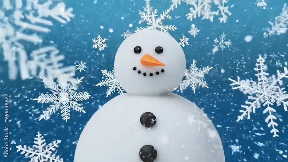 Snowman with a carrot nose is standing as snow falls in the background with large, intricate snowflakes. The background is a bright blue Snowman with a carrot nose is standing as snow falls in the background with large, intricate snowflakes. The background is a bright blue