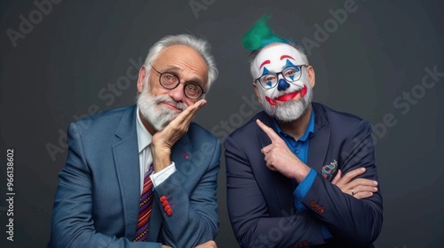 A philosopher thinking deeply, next to a clown with a painted smile, representing serious contemplation vs. carefree foolishness