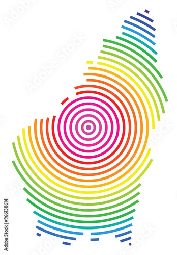 Symbol Map of the Departement Ardeche (France) showing the territory with concentric circles in rainbow colors like a shooting target