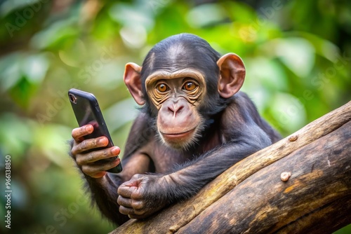 Curious monkey sits on a tree branch, intently holding a sleek black smartphone, fingers deftly typing on the photo