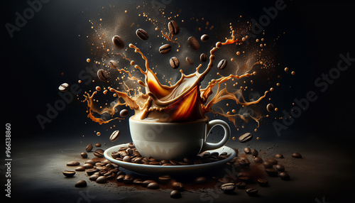 A white cup with coffee spilling out, surrounded by flying coffee beans against a dark background.