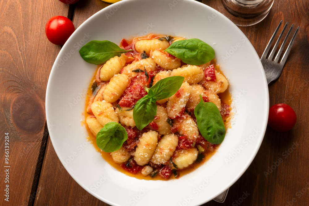 Piatto di gnocchi di patate conditi con pomodoro, basilico, olio di oliva e parmigiano, cibo italiano Piatto di gnocchi di patate conditi con pomodoro, basilico, olio di oliva e parmigiano, cibo italiano