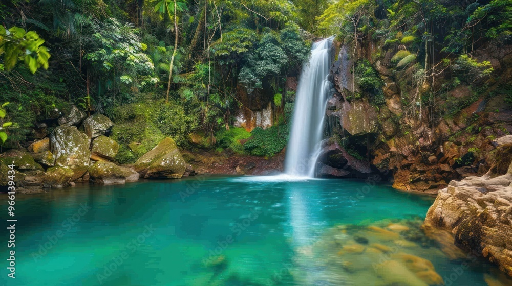 Tranquil Waterfall in Lush Tropical Jungle Tranquil Waterfall in Lush Tropical Jungle