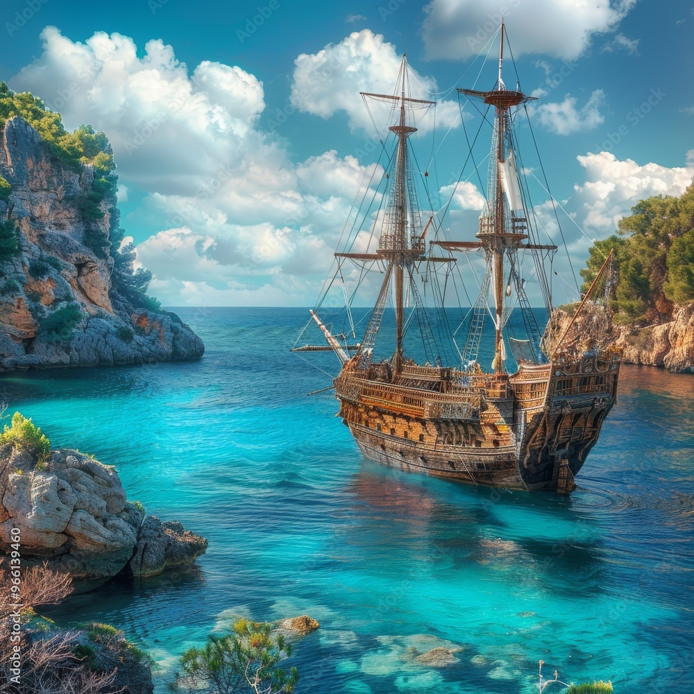 Pirate Ship Island View, Wooden Ancient Frigate, Mediterranean Piracy Pirate Ship Island View, Wooden Ancient Frigate, Mediterranean Piracy