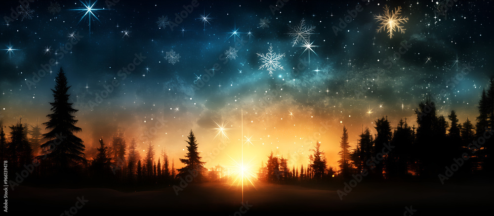 sunset over the forest; sky full of stars and snowflakes; magical, simple, natura background for christmas events exposure sunset over the forest; sky full of stars and snowflakes; magical, simple, natura background for christmas events exposure