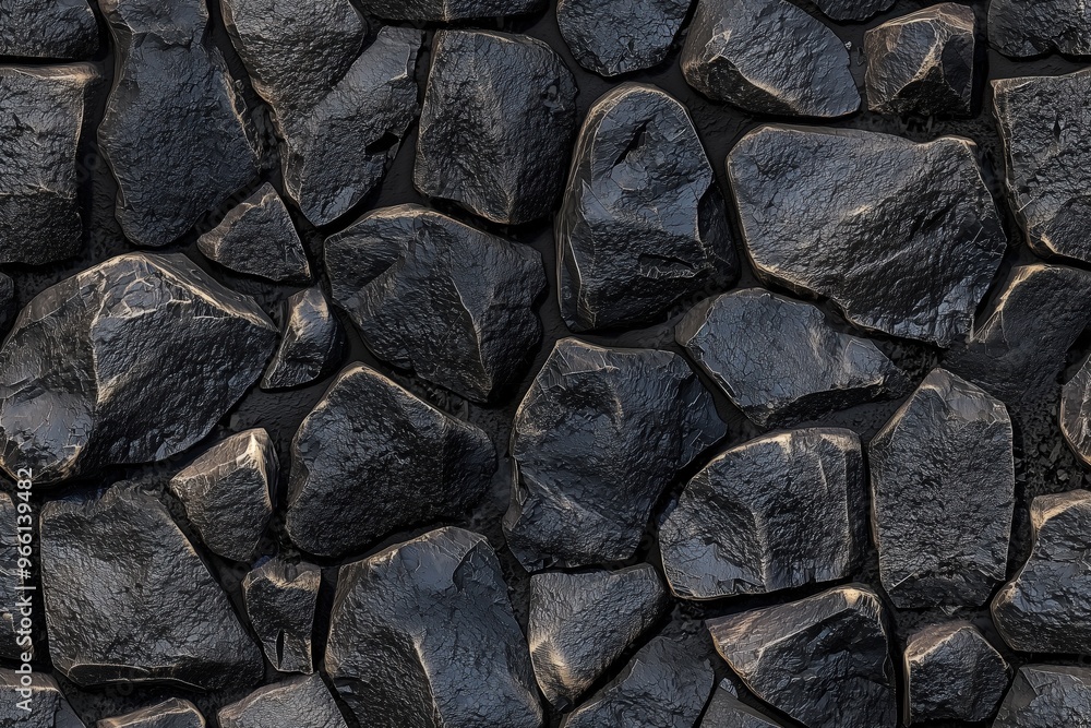 Textured wall made of irregular black stones, showcasing their shiny surfaces and unique shapes. Textured wall made of irregular black stones, showcasing their shiny surfaces and unique shapes.