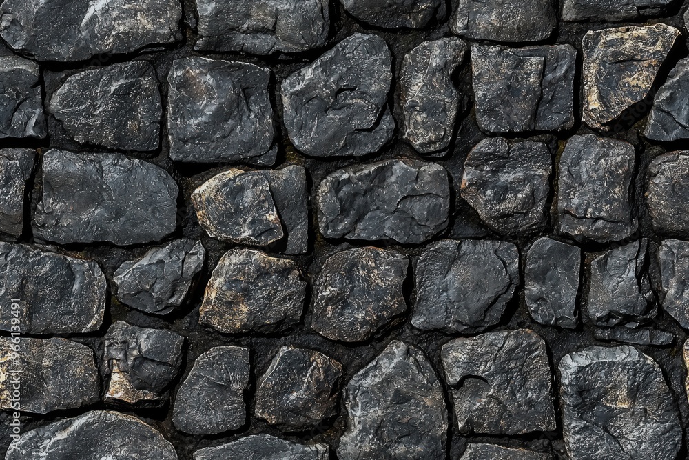 Textured stone wall made of irregularly shaped dark stones, showcasing various shades of gray and black with some lighter accents. Textured stone wall made of irregularly shaped dark stones, showcasing various shades of gray and black with some lighter accents.