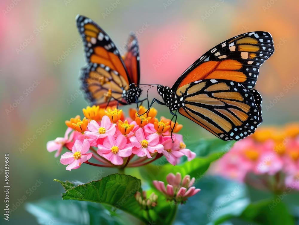 Naklejka premium A monarch butterfly arriving on a blooming flower, sipping nectar, while another departs, fluttering towards the horizon