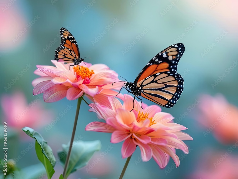 A monarch butterfly arriving on a blooming flower, sipping nectar, while another departs, fluttering towards the horizon A monarch butterfly arriving on a blooming flower, sipping nectar, while another departs, fluttering towards the horizon