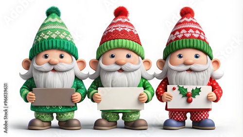 Cute Christmas Gnomes In Red, Green, And Gray Hats And Sweaters Holding Blank Signs For Customizable Holiday Messages. photo