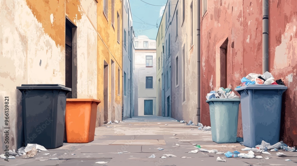 Obraz premium A colorful alleyway filled with trash bins and scattered debris, illustrating urban waste and the need for cleanliness.