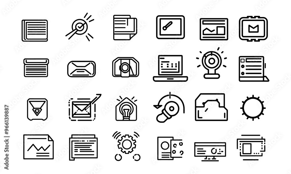 Package icons set with digital media platform and camera elements Package icons set with digital media platform and camera elements